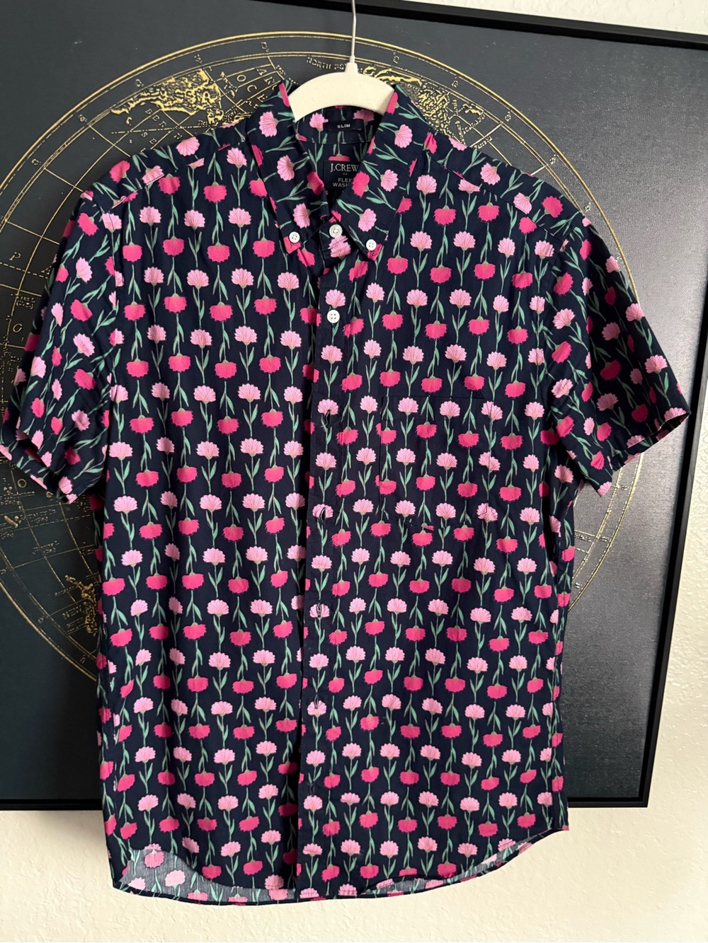 J. Crew Navy Short-Sleeve Button-Down with Pink Floral Print